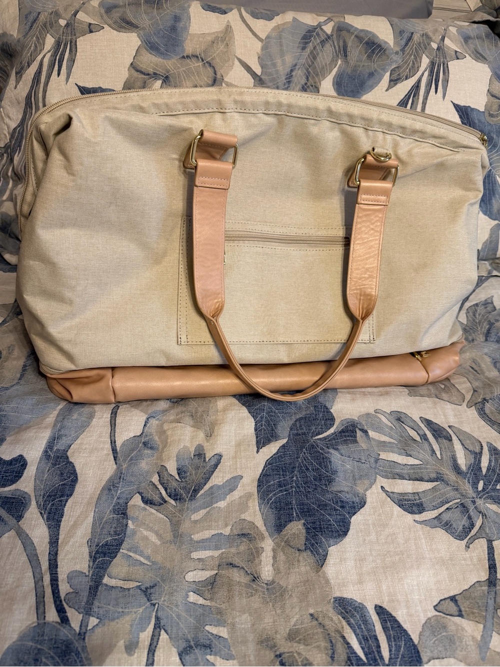 Canvas Weekender Bag in Beige with Tan Trim